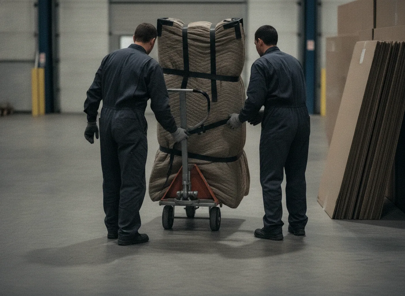 Two handlers easing a blanket-wrapped bulky item onto a heavy-duty dolly