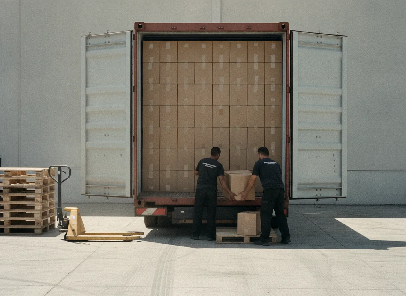 Handlers unloading cartons from a shipping container at a loading bay